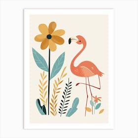 Lesser Flamingo And Tiare Flower Minimalist Illustration 2 Art Print