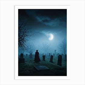 Halloween Themed Digital Painting Mist Weaving Through An Ancient Cemetery Under A Clouded Moonlit (4) Art Print