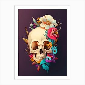 Skull With Tattoo Style Artwork Primary 2 Colours Vintage Floral Art Print