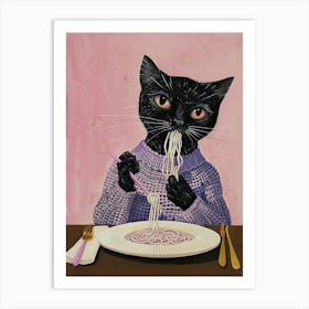 Cute Black Cat Eating Pasta Folk Illustration 1 Art Print