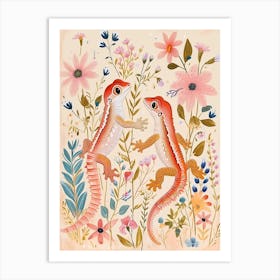 Folksy Floral Animal Drawing Salamander 2 Art Print