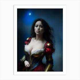 warrior princess beautiful fantasy art red blue night nocturne female portrait Art Print