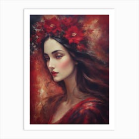 Andromeda ~ Red Goddess of Bewitching, Other Worldly Enchanting Dark Floral Beautiful Painting by Sarah Valentine Art Print