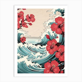 Great Wave With Hibiscus Flower Drawing In The Style Of Ukiyo E 2 Art Print