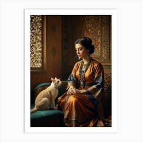 Portrait Of A Woman With A Cat Art Print