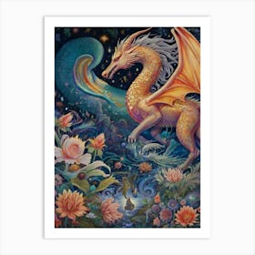 Dragon And Flowers Art Print