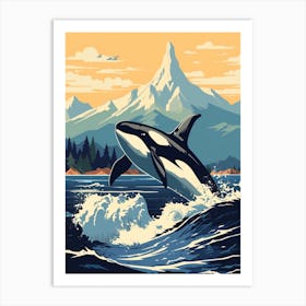 Retro Style Block Colour Orca With Waves Art Print