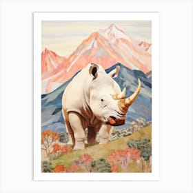 Patchwork Rhino With Mountain In The Background 1 Art Print