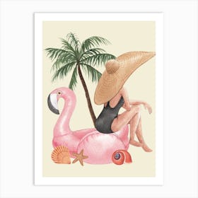 Seaside Pink Flamingo Beach Girl Art Print