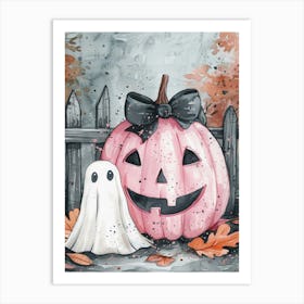 Pink pumpkin with ghost halloween art Art Print