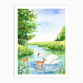 Watercolor Painting Capturing The Essence Of A Serene Wildlife Paradise Featuring A Pair Of Newborn Art Print