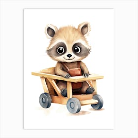 Baby Raccoon On A Toy Car, Watercolour Nursery 2 Art Print