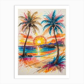 Sunset Palm Trees with lines Art Print