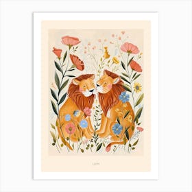 Folksy Floral Animal Drawing Lion Poster Art Print