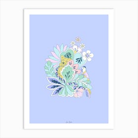 Tropical Jungle Leopard, Bird and Snake Blue Art Print