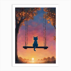 Solitude ~ Cat on a Swing Watching the Sunset Art Print