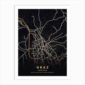 Graz Austria Black And Gold Map Art Print