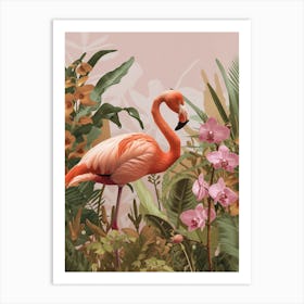 Lesser Flamingo And Orchids Minimalist Illustration 4 Art Print