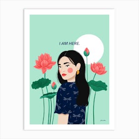 Woman With Lotus Flowers, I Am Here Art Print