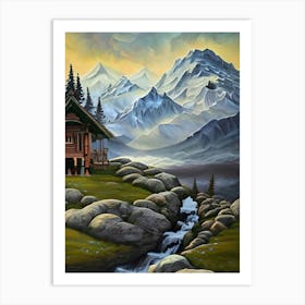 Landscape Scene Setting Artistic Trees Nature Wilderness Outdoors Countryside Mountains Stream Creek Rocks Cabin Log Cabin Fog Art Print