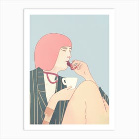 Woman Sitting Drinking Coffee Pink Hair Art Print