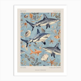 Pastel Blue Pelagic Thresher Watercolour Seascape Pattern 1 Poster Art Print