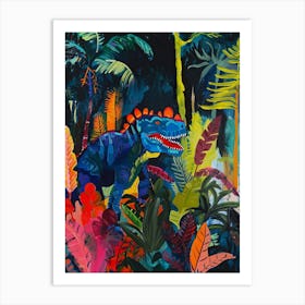 Colourful Dinosaur In The Jungle Leaves Painting 3 Art Print