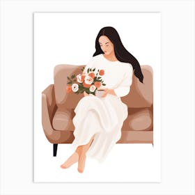 Woman Sitting On Couch With Flowers Art Print