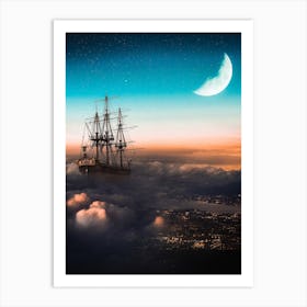 Magic Vessel Sailing Over The City Art Print
