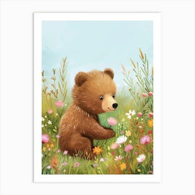 Brown Bear Cub In A Field Of Flowers Storybook Illustration 3 Art Print