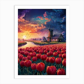 Lofi Anime Art: Vibrant tulip field at sunset with a rustic windmill reflected in the calm water. Bold colors and serene countryside elements evoke peaceful, dreamy vibes. Art Print