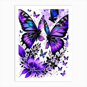 Purple Butterflies And Flowers Art Print