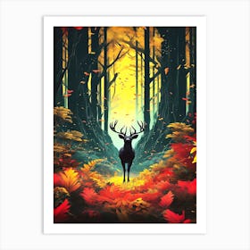 Elk In The Fall - Silhouette In The Forest Art Print