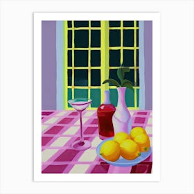 Lemons On Checkered Table, Magenta Tones, Frenchch Riviera In Matisse Style 1 Art Print