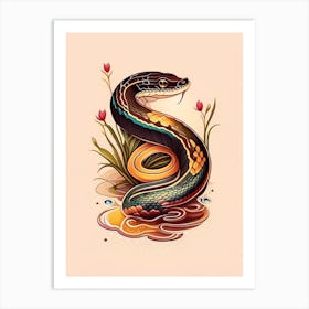 Brown Water Snake Tattoo Style Art Print
