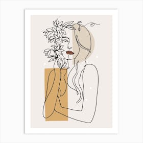 Woman With Flowers One Line Art Art Print