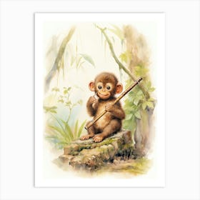 Monkey Painting Playing An Instrument Watercolour 1 Art Print