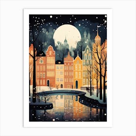 Winter Travel Night Illustration Copenhagen Denmark 2 Art Print