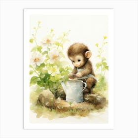 Monkey Painting Gardening Watercolour 4 Art Print