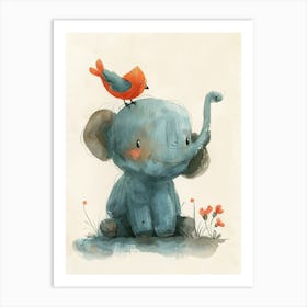 Small Joyful Elephant With A Bird On Its Head 3 Art Print