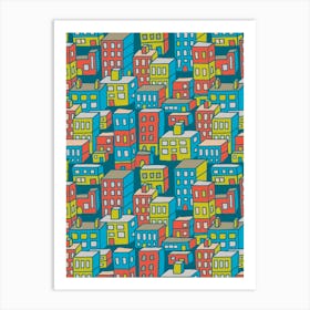 DOWNTOWN Urban City Architecture Line Drawing Buildings Highrises Skyscrapers in Bright Vintage Retro Colours Red Yellow Blue Teal Gray Art Print