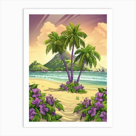 Tropical Landscape With Palm Trees And Flowers Art Print