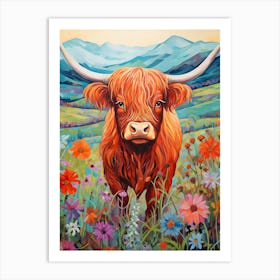 Floral Digital Illustration Of Highland Cow 2 Art Print