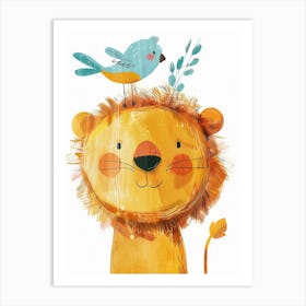 Small Joyful Lion With A Bird On Its Head 6 Art Print