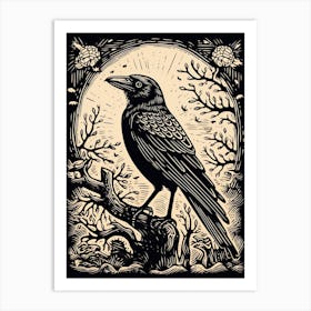 B&W Bird Linocut Crow 3 Art Print