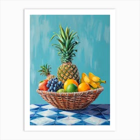 Tropical Fruit Basket Blue Checkerboard 1 Art Print