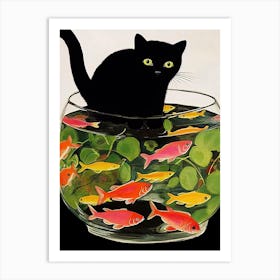 A Black Cat And Goldfish In A Bowl Illustration Matisse Style 2 Art Print