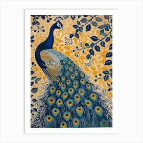 Blue Mustard Peacock & The Leaves 2 Art Print