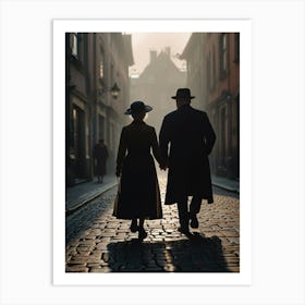 Couple Walking Down A Cobblestone Street Art Print