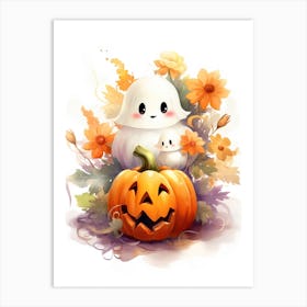 Cute Ghost With Pumpkins Halloween Watercolour 117 Art Print